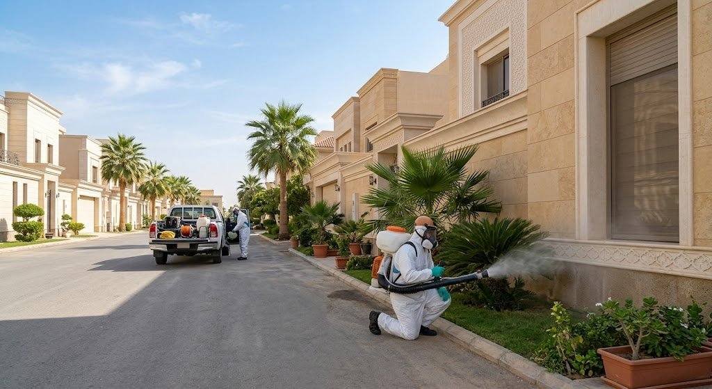 فريق عمل محترف يقوم برش المبيدات ومكافحة الحشرات بجودة عالية وأمان تام ضمن خدمات مكافحة حشرات الدسمة بالكويت لضمان بيئة نظيفة وصحية للعملاء.