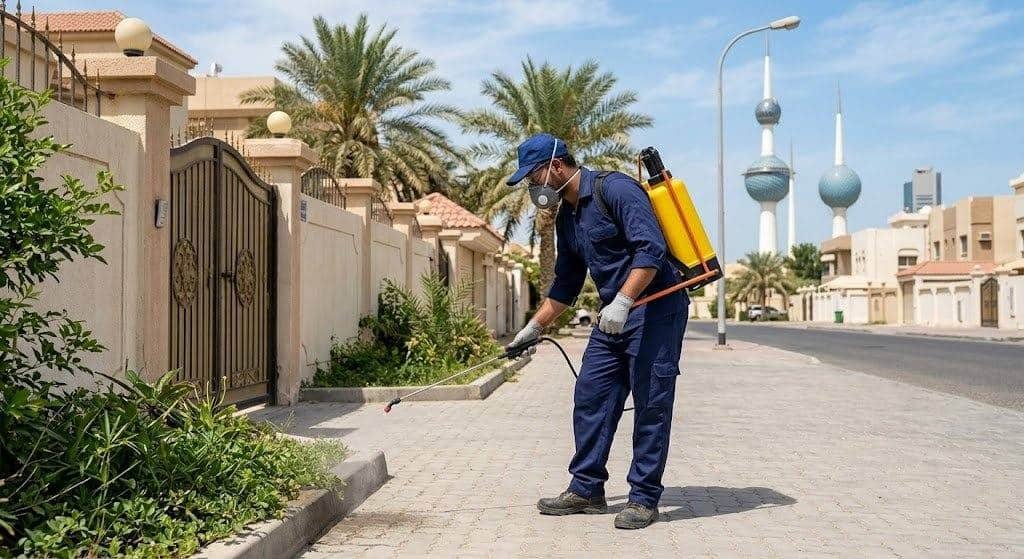 فريق عمل محترف يقوم بأعمال رش ومكافحة الحشرات بدقة وأمان باستخدام أحدث المعدات والمبيدات المصرح بها ضمن خدمات مكافحة حشرات الفنيطيس بالكويت لضمان بيئة صحية ونظيفة وراحة العملاء.