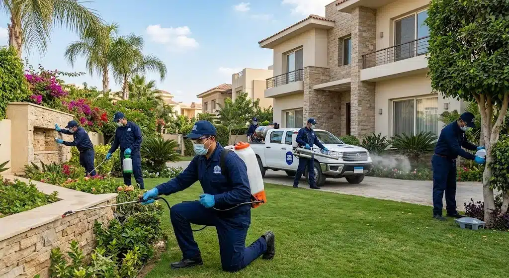 فريق عمل محترف يقوم بأعمال رش ومكافحة الحشرات بدقة وأمان باستخدام أحدث المعدات والمبيدات المعتمدة ضمن خدمات مكافحة حشرات كيفان بالكويت لضمان بيئة صحية خالية من الآفات وراحة العملاء.