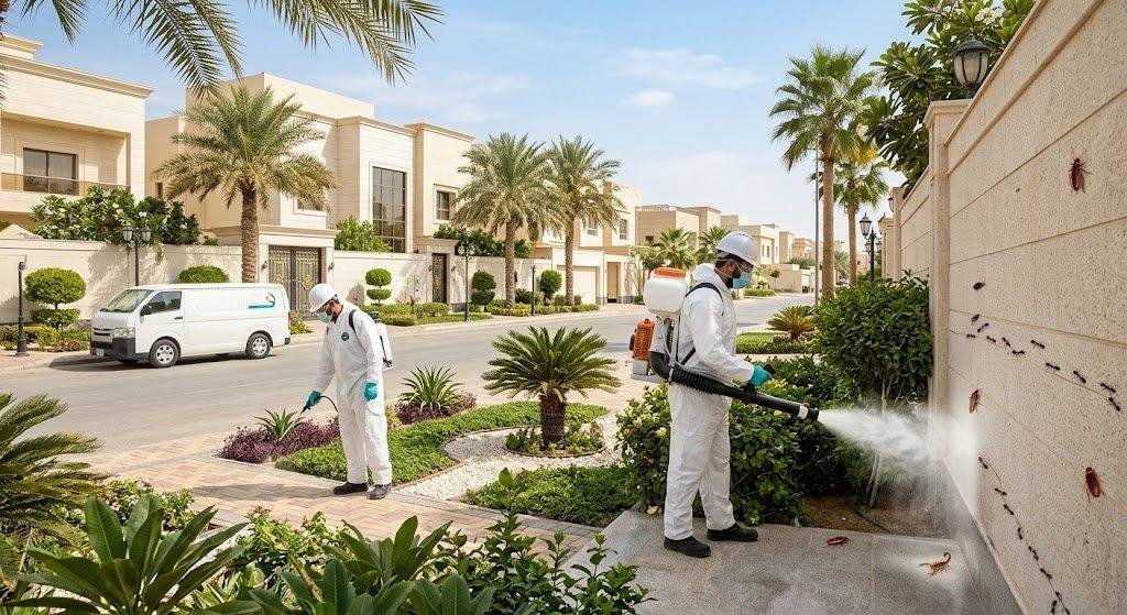 فريق عمل محترف يقوم برش المبيدات ومكافحة الحشرات بدقة وأمان باستخدام أحدث المعدات والمواد الفعالة ضمن خدمات مكافحة حشرات الزهراء بالكويت لضمان بيئة صحية ونظيفة وراحة العملاء.