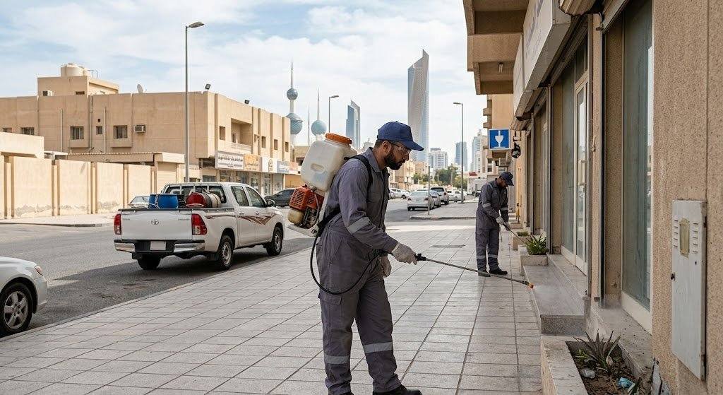 فني محترف يقوم بأعمال رش ومكافحة الحشرات بدقة وأمان باستخدام أحدث المعدات والمبيدات المعتمدة ضمن خدمات مكافحة حشرات صباح السالم بالكويت لضمان بيئة صحية خالية من الآفات وراحة العملاء.