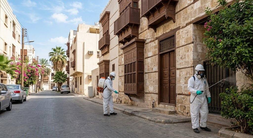 فريق عمل محترف يقوم بأعمال رش ومكافحة الحشرات بدقة وأمان باستخدام أحدث المعدات والمبيدات الفعالة ضمن خدمات مكافحة حشرات الشهداء بالكويت لضمان بيئة صحية ونظيفة وراحة العملاء.