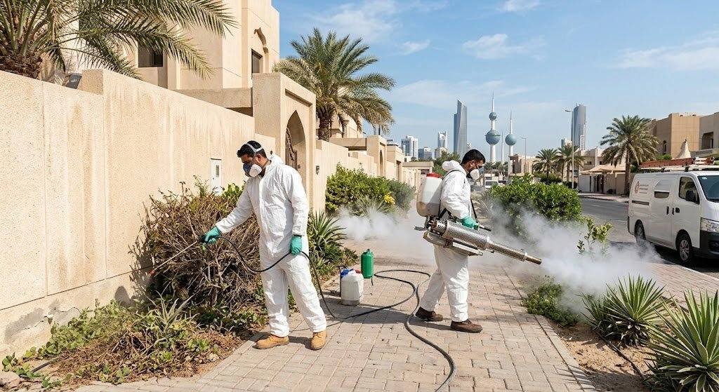 فريق عمل محترف يقوم بأعمال رش ومكافحة الحشرات بدقة وأمان باستخدام أحدث المعدات والمبيدات المعتمدة ضمن خدمات مكافحة حشرات قرطبة بالكويت لضمان بيئة صحية ونظيفة وراحة العملاء.